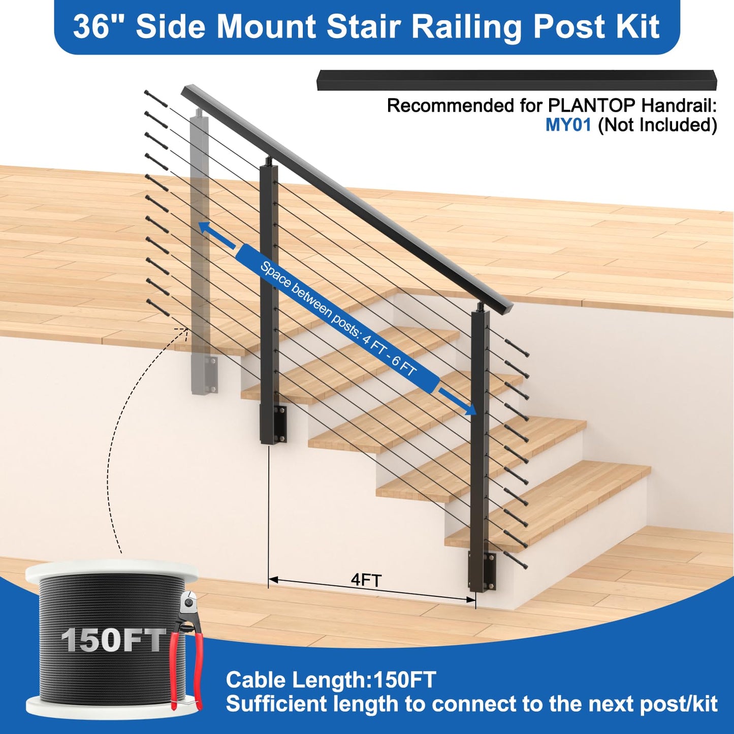 PLANTOP 4-12ft Complete Set 36" Side Mount Cable Railing Post for 25-35 Degrees Stair, 2 Pack Black Left Fascia Mount Stair Post, 150ft 1/8" Cable(No Handrail), Swageless Cable Railing Kit, MY10-SP