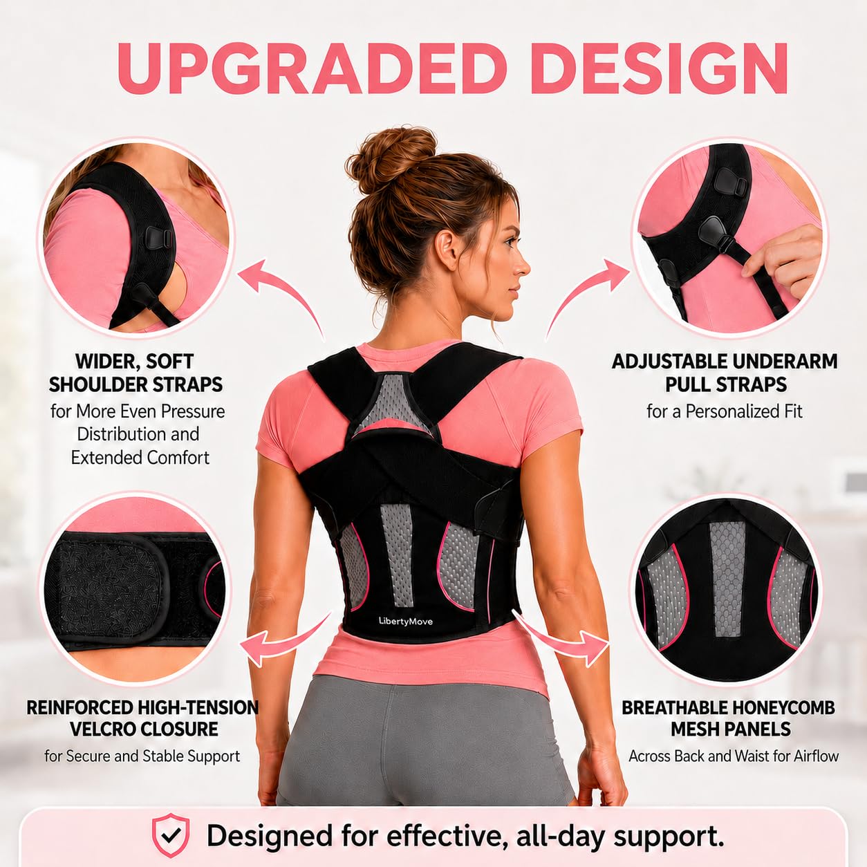LibertyMove Posture Corrector for Women and Men, Breathable Upper Back Brace Posture Reminder, Adjustable Back Straightener with Underarm Comfort Straps, Shoulder Support Brace for Active Daily Wear