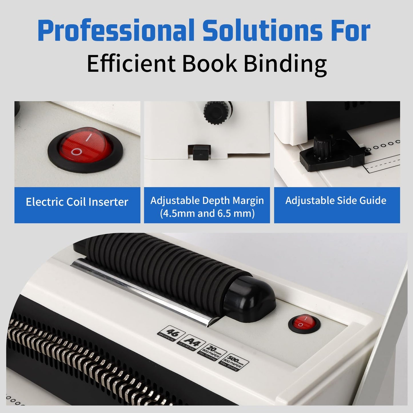 Vagbstu Spiral Coil Binding Machine with Electric Coil Inserter and Adjustable Side Margin, 20-Sheet Manual Punch,46 Fully Disengageable Dies,4:1 Pitch,Binds up to 500 Sheets - Includes 100 Coils