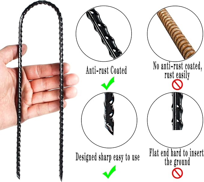 Nigh Coated Rebar Trampoline Wind Stakes Set of 12 Safety Ground Anchors Stakes Extra Heavy Duty Metal Landscape Staples 10 Inches Long (Black)