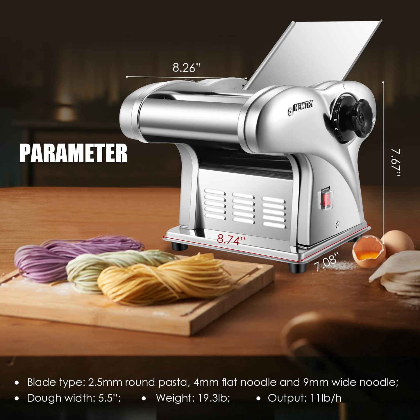 NEWTRY Electric Pasta Maker Noodle Maker Pasta Making Machine Dough Roller Cutter Thickness Adjustable Stainless Steel US 110V for Family Use 3 Blades Type