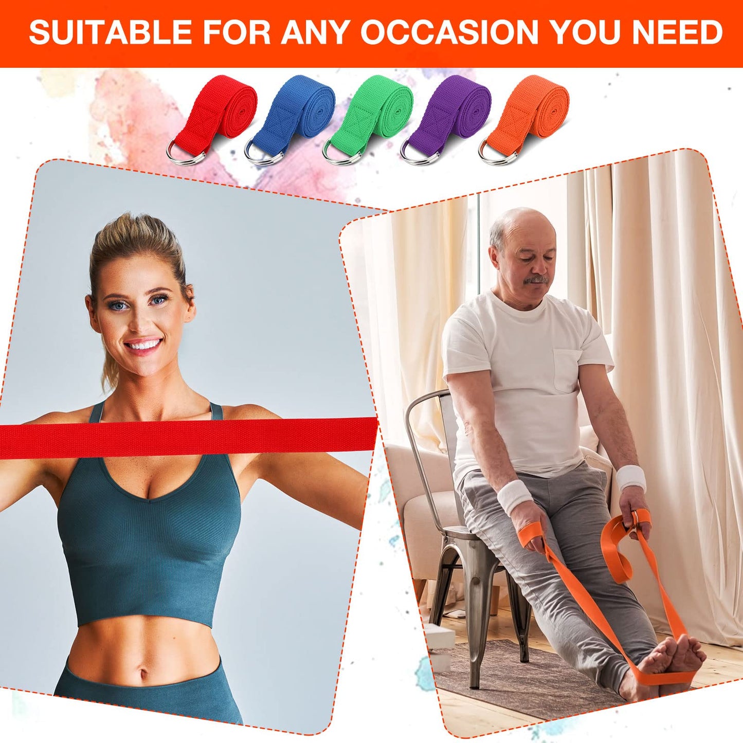Jerify 10 Pcs Yoga Strap for Stretching Bulk 6ft Exercise Stretch Band with Metal D Ring Adjustable Pilates Non Elastic Yoga Belt for Women Men Physical Fitness Gym Workout Dance (Multicolor)