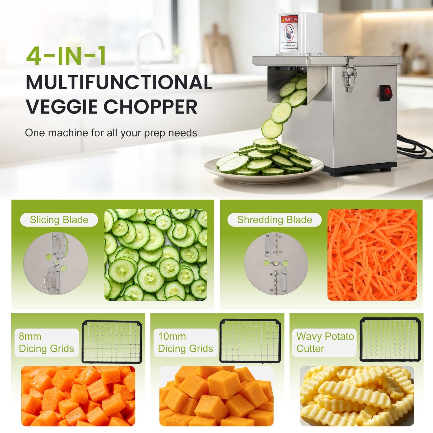 4-In-1 Electric Vegetable Chopper – 330 lbs/hr, 200W Motor, Slice/Dice/Shred/Wavy Cut, Stainless Steel, Large Feed Chute, Safety Shut‑off – for Restaurant & Home Kitchen