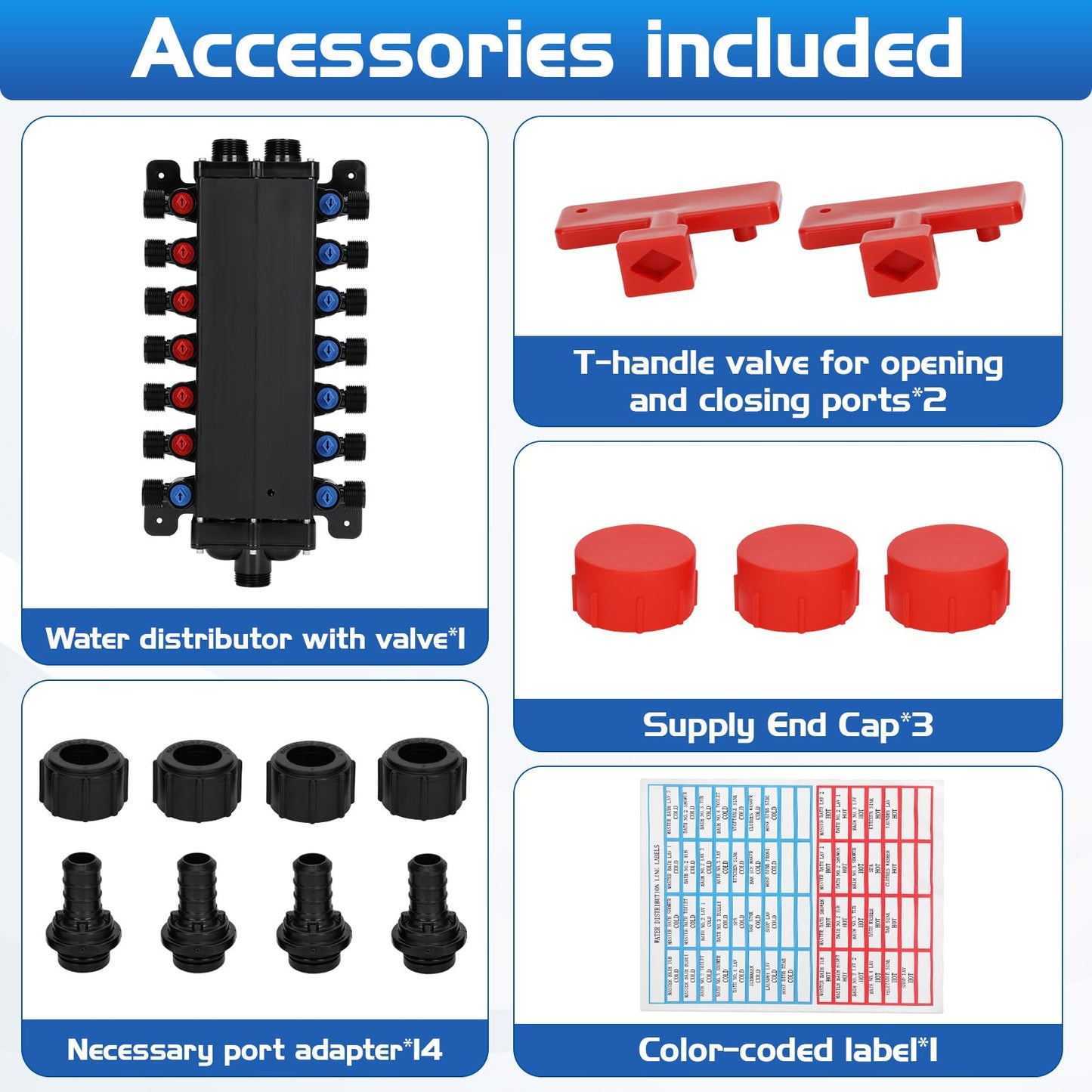 50243 Pex Manifold Compatible with Viega Manabloc, Homerun Distribution Pex Manifold with Valves, 1/2-Inch Zero Lead Poly Alloy PEX Crimp With 24 Ports Adapters(15 Cold, 9 Hot),Suitable for crimping.