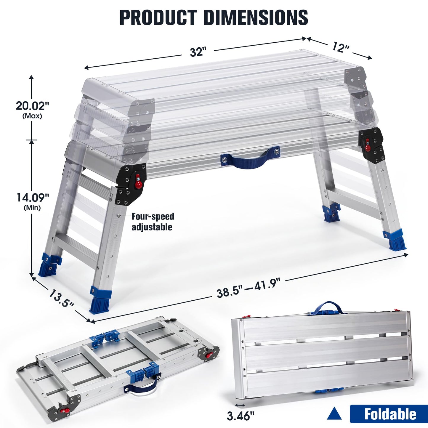 Aluminium Work Platform 660 Lbs, Portable Scaffolding Platform with One-Touch Automatic Fold, 4 Height Adjustment Step Stool, Perfect for RV Cleaning, Home Painting and Reaching High Places, Upgraded