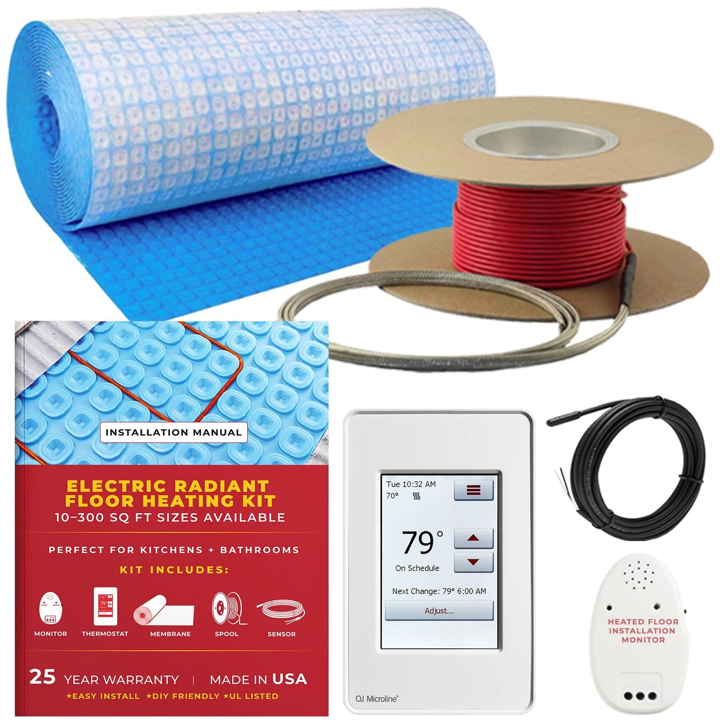 Warming Systems – 15 Sqft Electric Radiant Floor Heating Kit – 120V Heated Tile Floor System with Touch Screen Thermostat, Cable Membrane, Floor Sensor, Installation Alarm & 25 Yr Warranty USA Made
