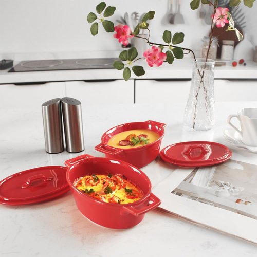 Ceramic Mini Oval Cocotte Set - 10 Ounce Casserole Dishes with Lids & Handles | Red, Oven & Microwave Safe