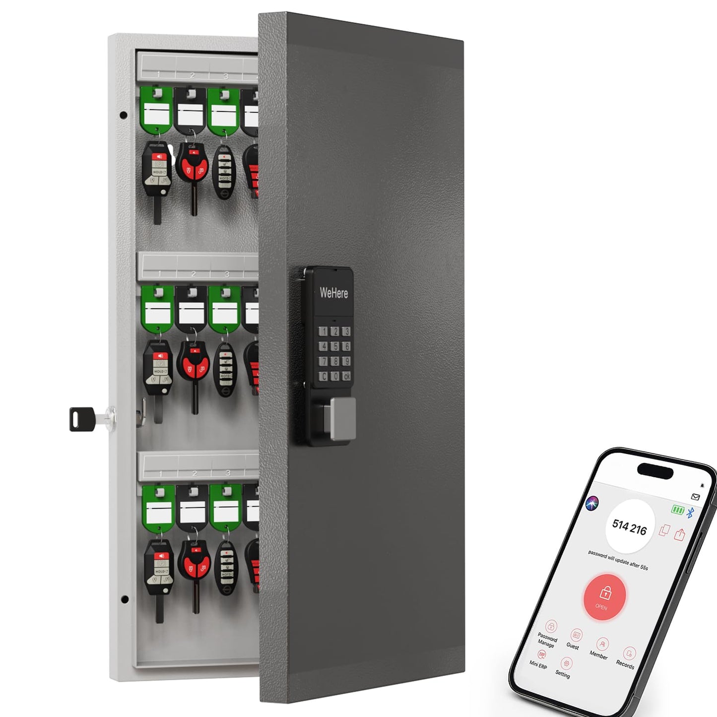 WeHere 48-Key Smart Key Lock Box Wall Mount – Commercial Key Cabinet with App, Keypad, Bluetooth & WiFi Unlock (Sold Separately), Access Log Tracking, Key Management System for School, Rental, Office