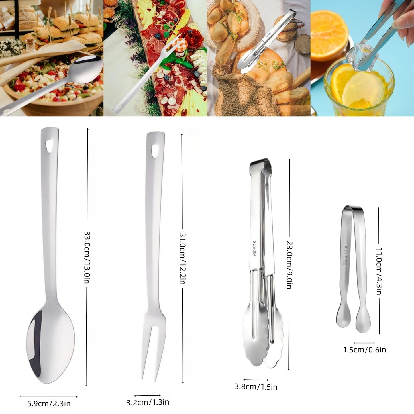 10-Piece Large Flatware Serving Utensils Sets, Stainless Steel Long Handle Serving Spoons, Heavy Duty Serving Forks, Serving Tongs, Mini Sugar Tongs for Buffet Catering Banquet Party (Silver)