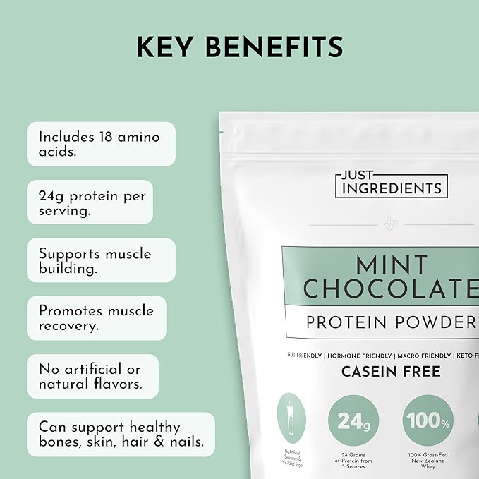 JUST INGREDIENTS Mint Chocolate Protein Powder ??30 Serving Bag ??Grass-Fed Whey & Plant Protein Blend with Real Cocoa & Peppermint ?“Sweetened, Non-GMO, Gluten-Free, No Artificial Flavors