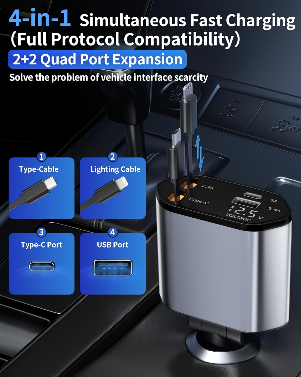 BERTHALESS 4 1 16/15/14/13/12/11/X,Galaxy,Pixel Retractable Car Charger, in Fast Charging Car Charger USB-C & USB-A