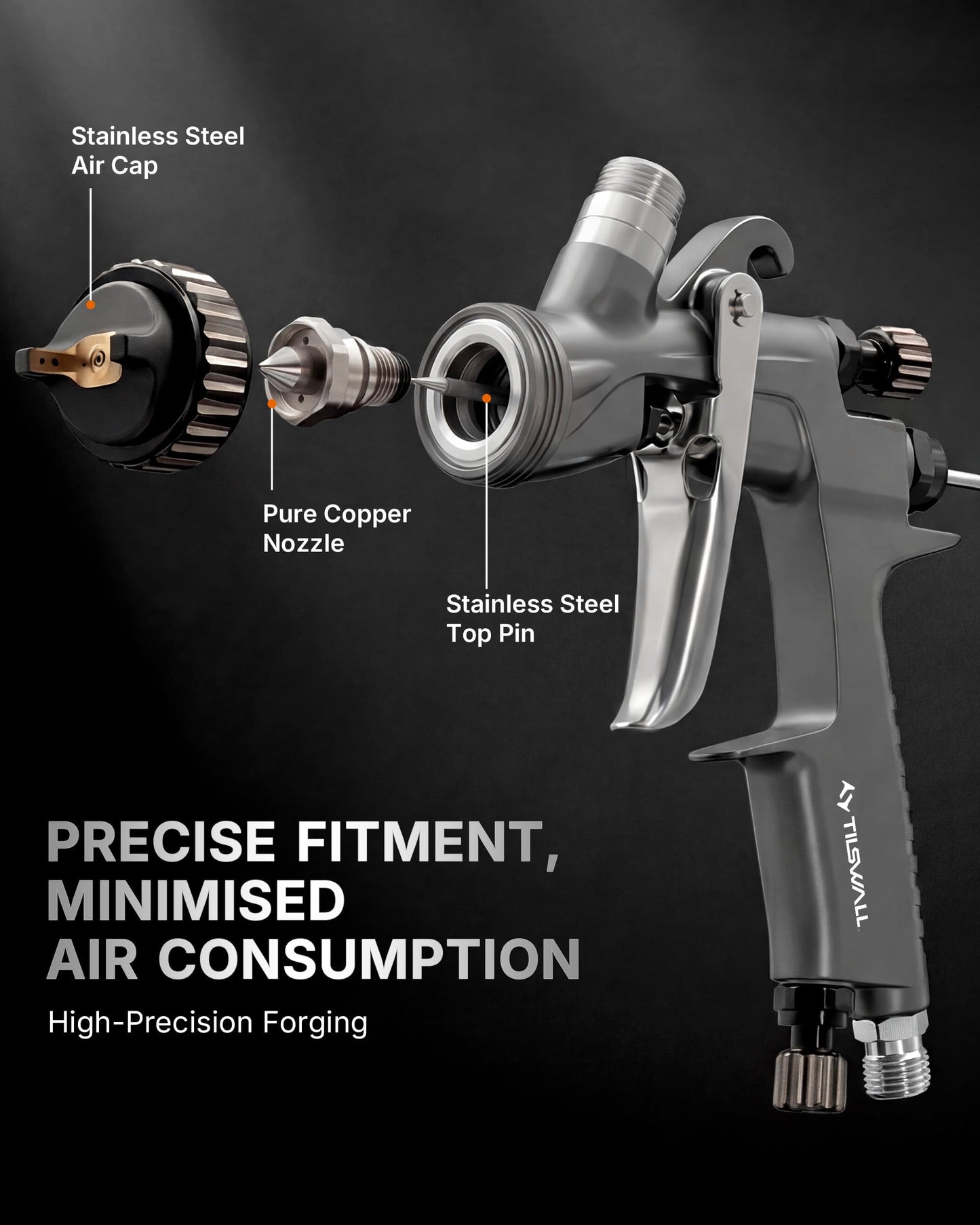 Tilswall Pinto LVLP Spray Gun Ideal for Automotive Painting, Ultral-Long Service Life and High-Efficiency Air Paint Gun for Car Painters, DIY Users and Hands-On Beginners, Suitable for Most Paints