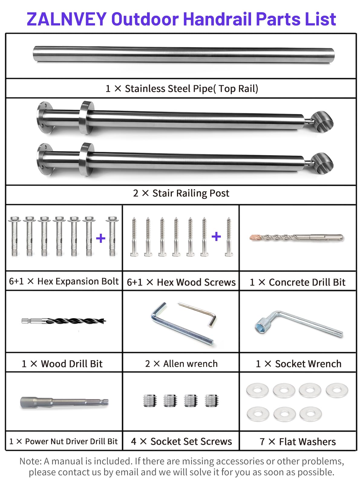 ZALNVEY Outdoor 4 Step Handrail, DIY 304 Stainless Steel Transitional Hand Rails with Installation Kit,Silver Porch Stair Railing for Concrete Brick or Wooden Steps, 54x36