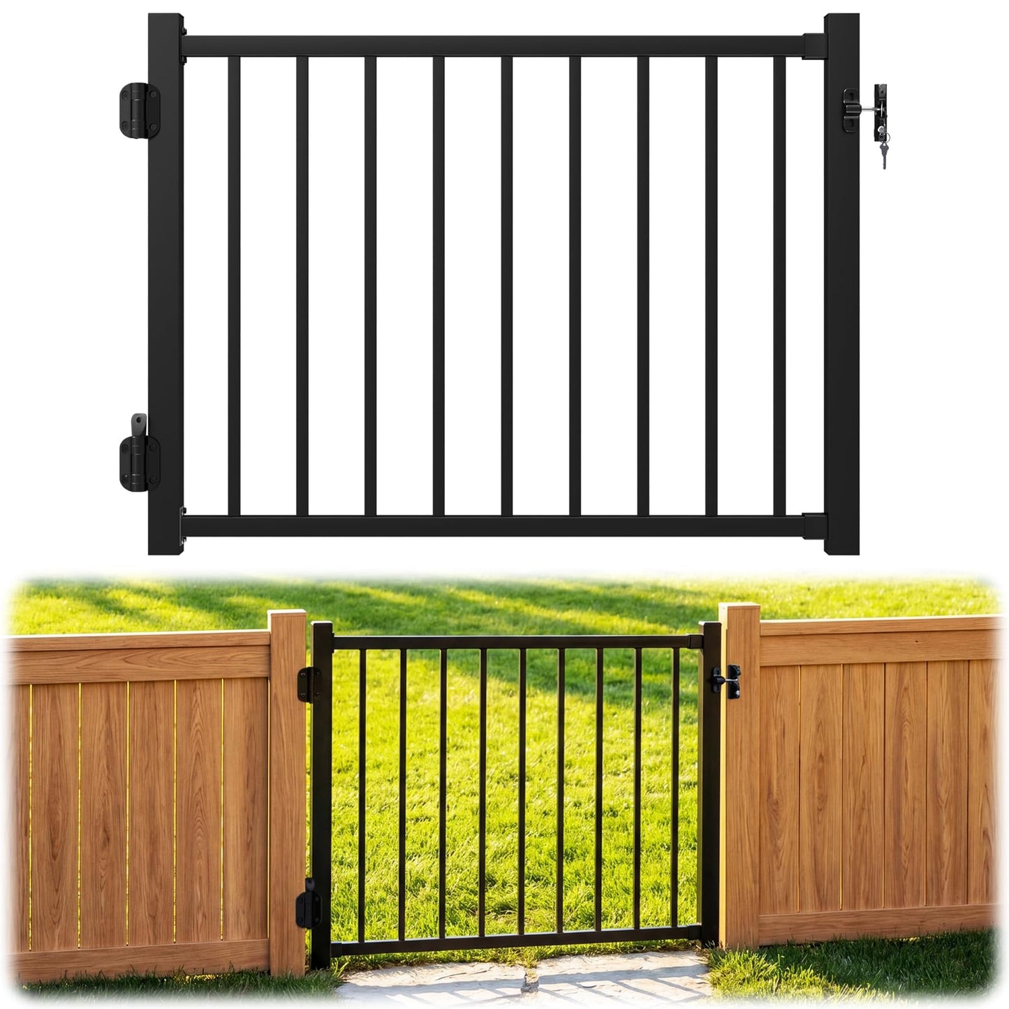 Guwezoy W.4ft x H.36in Aluminum Deck Gate Outdoor, Cuttable Porch Gate Kit with Latch and Auto-Closing Hinge, AAMA 2604–Grade Sand-Texture Black Outdoor Gate for Deck Railing Patios, Porch, Garden