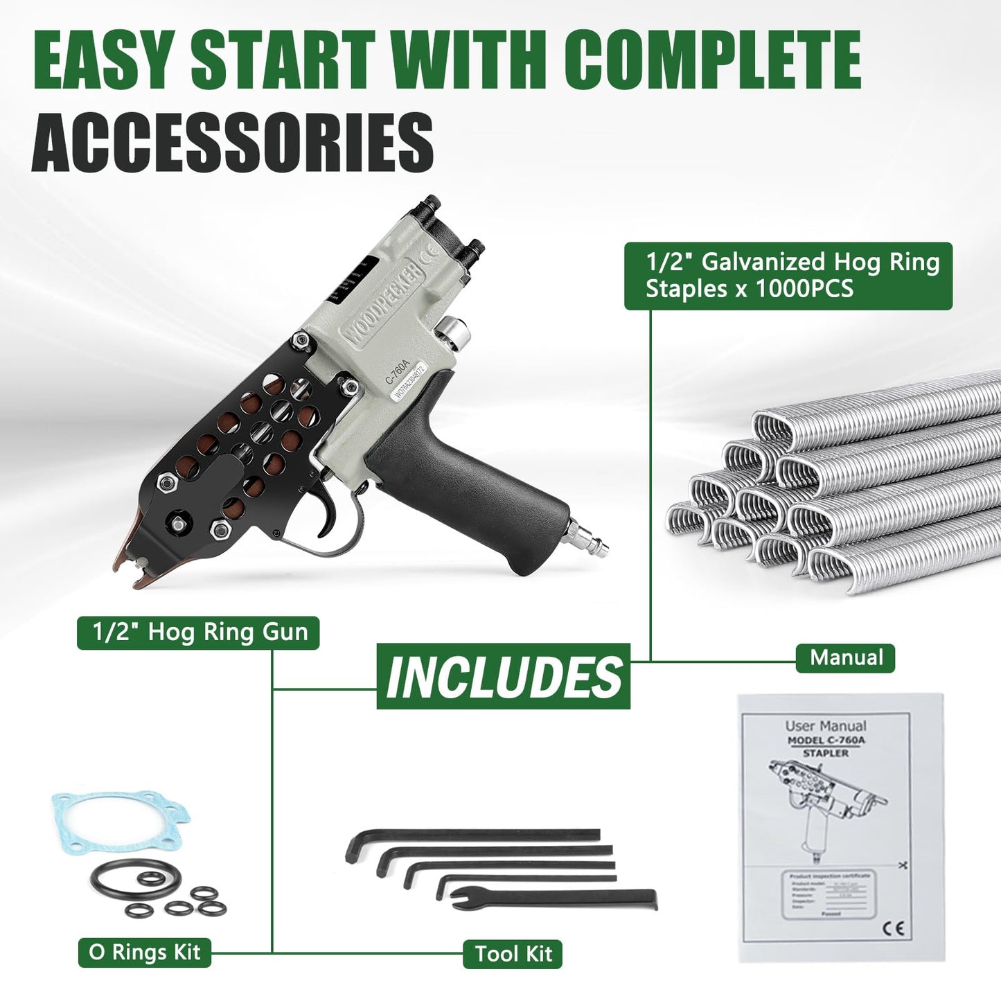 Woodpecker C-760A 16 Gauge Pneumatic Hog Ring Gun Kit, 1/2-Inch Crown, with 1000PCS Hog Ring Staples, 3.0-4.0mm Closing Diameter, Air Hog Ring Plier Tool, C Ring Gun for Cages, Fencing, Car Seat