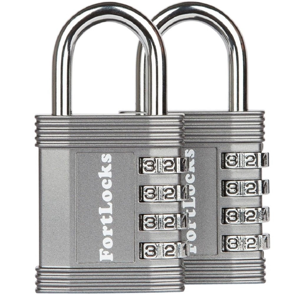 FortLocks Padlock - 4 Digit Combination Lock for Gym Outdoor & School Locker, Fence, Case & Shed – Heavy Duty Resettable Set Your Own Combo – Waterproof & Weatherproof (2 Pack - Silver)