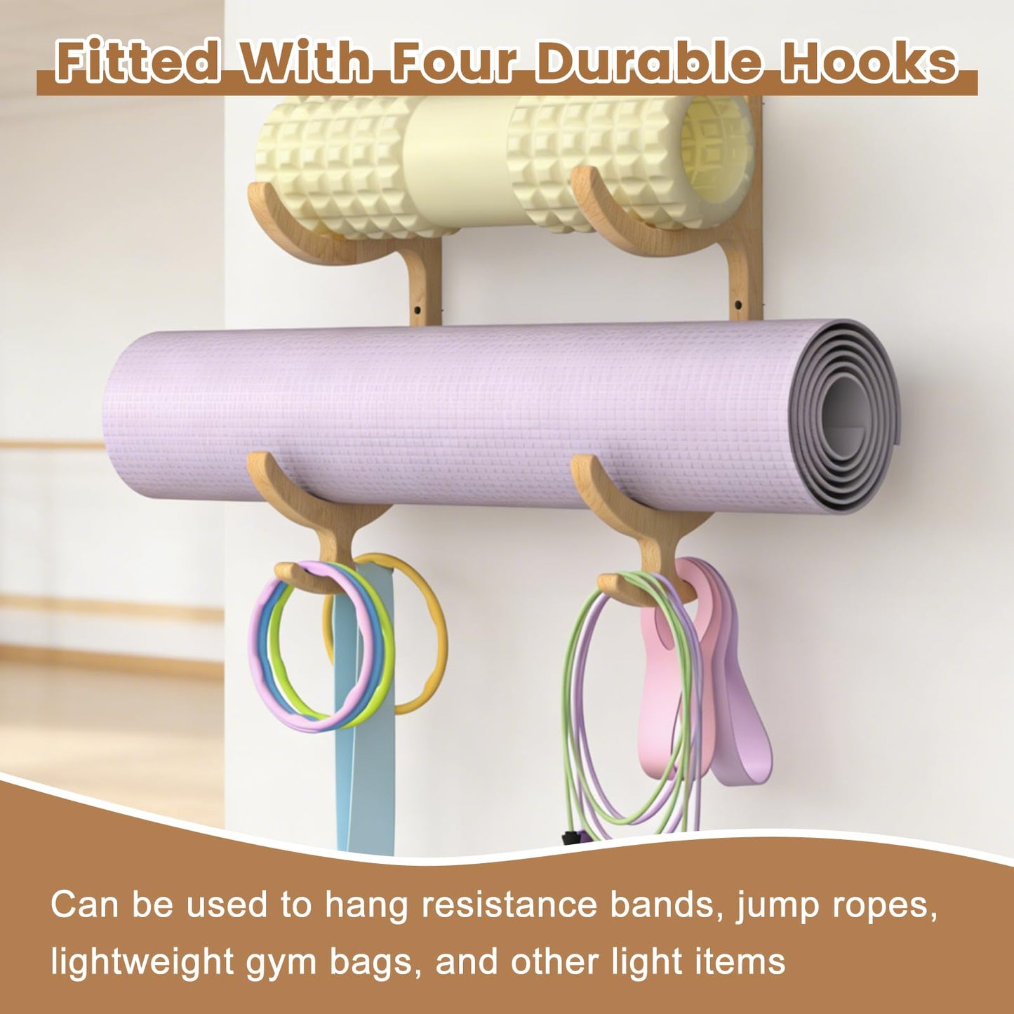 BSTSLL Wooden Yoga Mat Holder Wall Mount, Yoga Mat Storage Rack, Home Gym Equipment Organizer, Wall Mount Workout Storage Holder for Hanging Foam Rollers and Resistance Bands (2-Tier)