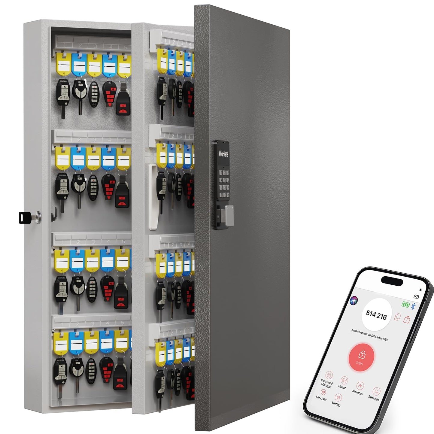 WeHere 192-Key Smart Key Lock Box with Key Management App(Track Key Borrow/Return), Keypad, Bluetooth & WiFi Unlock (Sold Separately), Wall-Mount Commercial Key Cabinet for School, Rental, Office