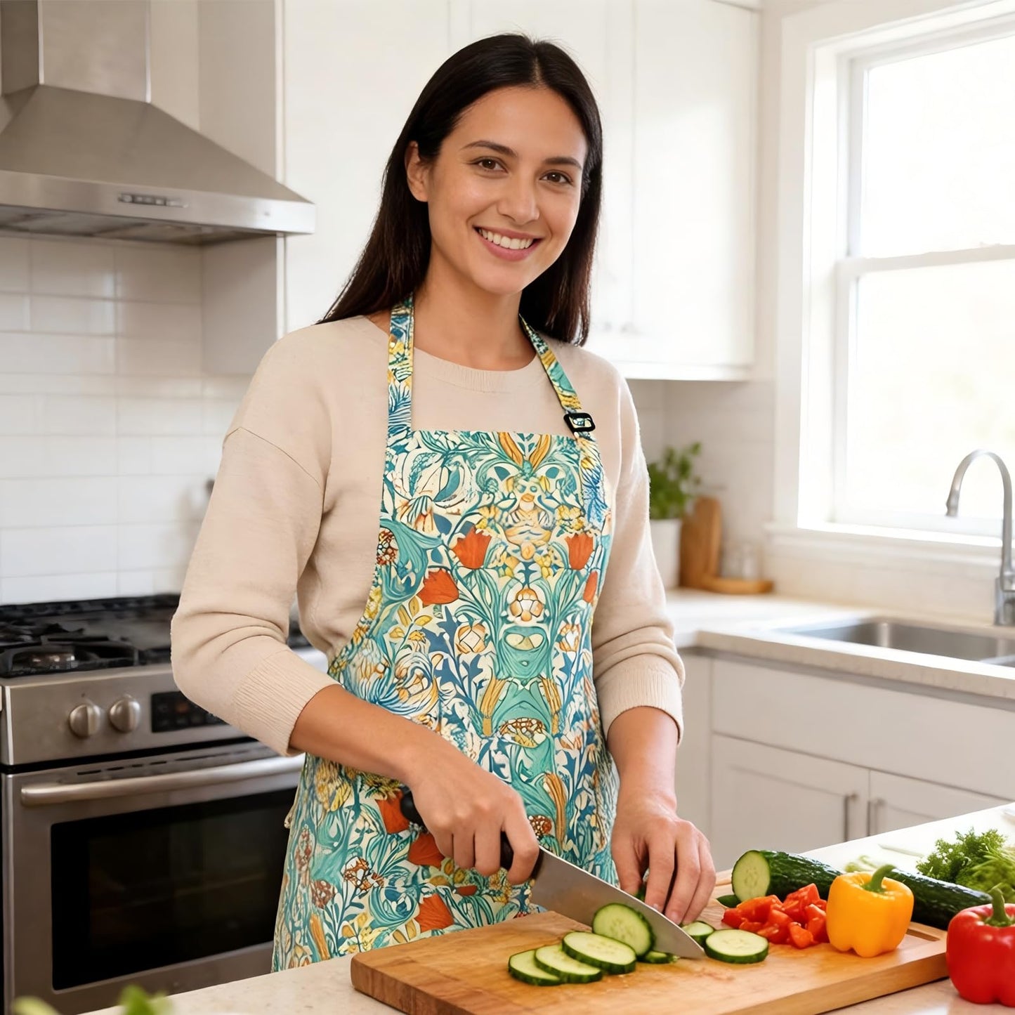 QuQuRuan Floral Apron for Women with Pockets Cotton Canvas Waterproof Apron Cooking Baking Painting Gift (Blue and Red)