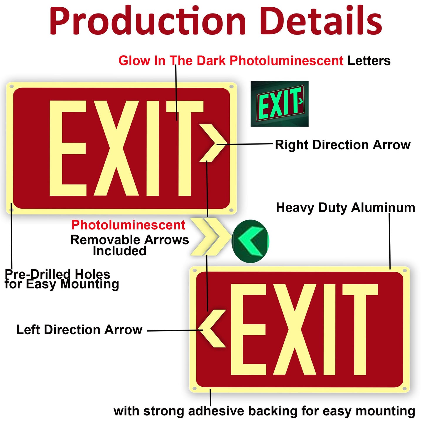 4Pack Photoluminescent Exit Sign Red, 14"x 10" Aluminum Glow In The Dark Exit Signs with Strong Adhesive Backing and 8pcs Removable Directional Arrows Glow In The Dark,Easy to install