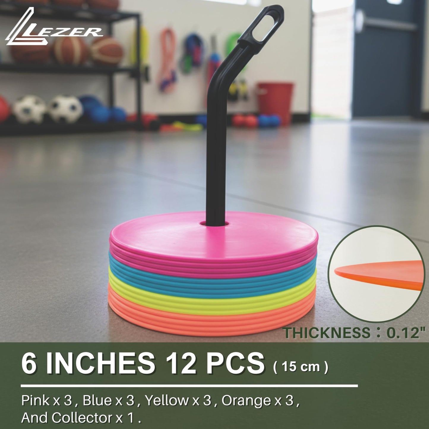LEZER 6 Inch Flat Cones, Spot Markers, Soccer Cones, Field Court Markers, Sit Spots, Flat Discs, Soccer Training Equipment, Agility Practice, Football, Made in Taiwan, Set of 12