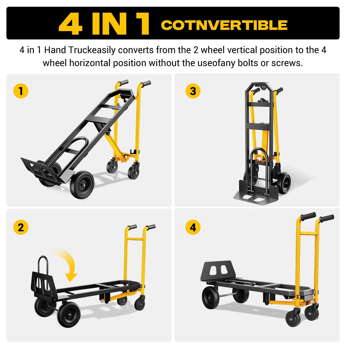LDHTHOPI 4 in 1 Convertible Hand Truck Dolly, 850Lbs Heavy Duty Folding Hand Truck Dolly Cart with Wheels, Non-Slip Handle for Moving Home, Shopping, Office, Warehouse