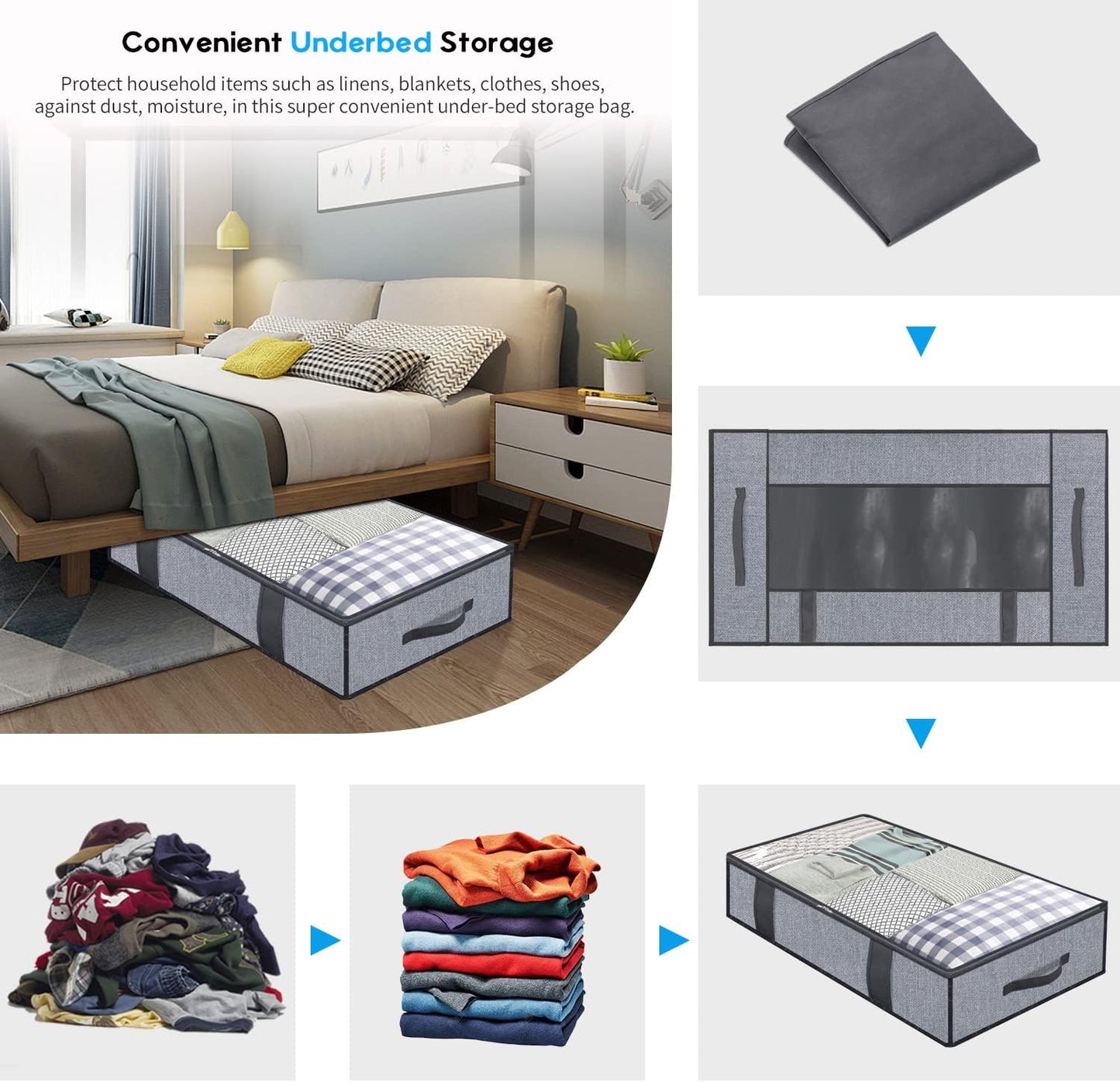 Onlyeasy Foldable Underbed Storage Bags - Breathable Organizer for Blankets & Clothes | 2 Pack, Linen-like Grey, 39.4x19.7x5.9 in