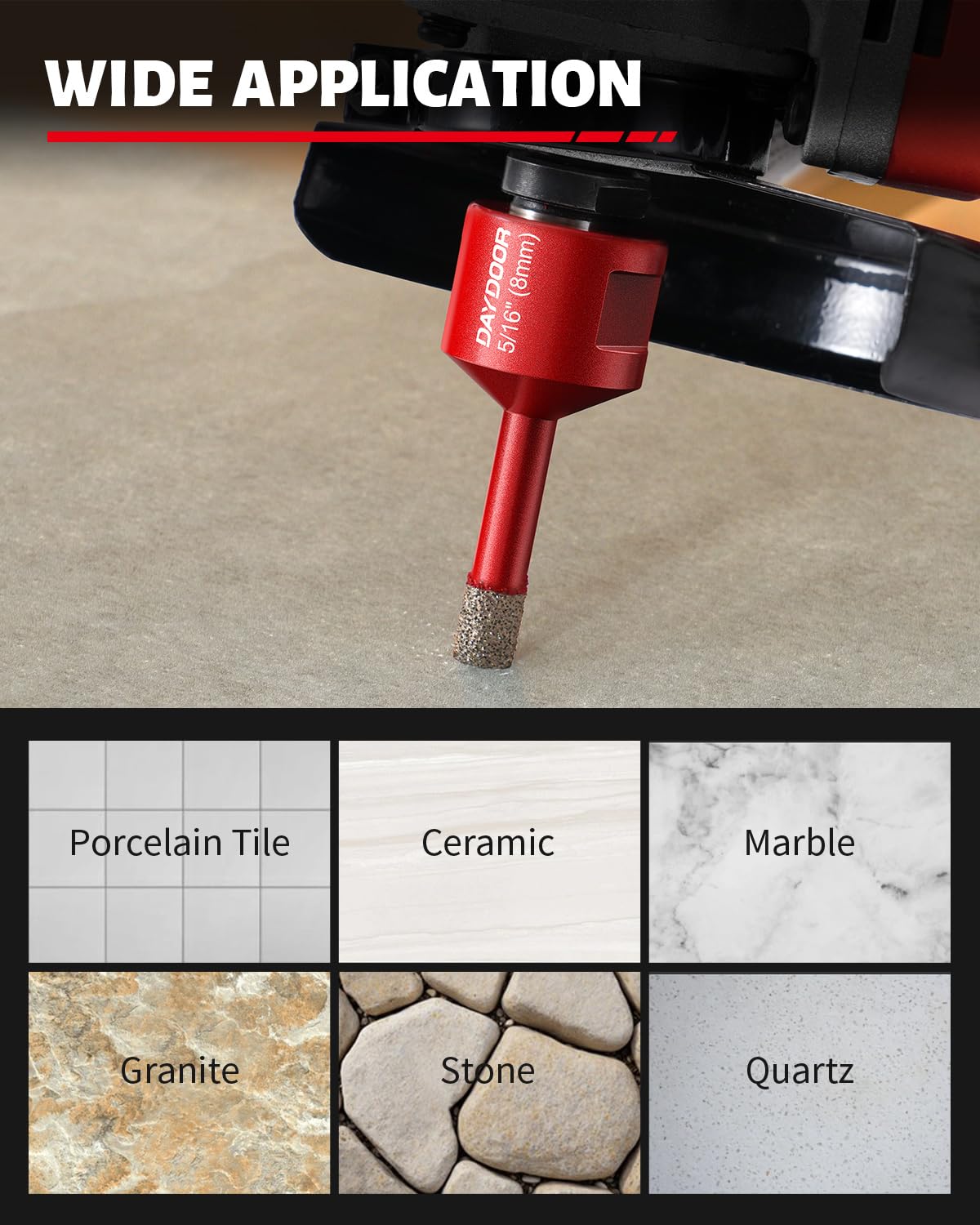DAYDOOR Diamond Hole Saw Kit, 13-Piece Tile Hole Saw Kit 1/4" 5/16" 4/5" 1" 1-3/8" 2" 3" 4",Vacuum Brazed Core Drill Bits for Porcelain Tile, Granite, Marble, Stone(Red)