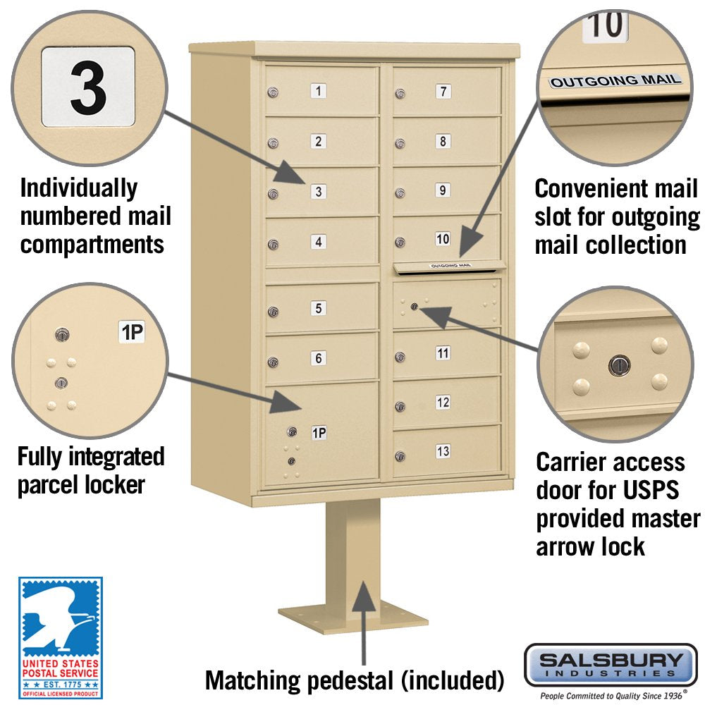 Cluster Box Unit with 13 Doors and 1 Parcel Locker in Sandstone – Type IV, for use with The USPS Lock