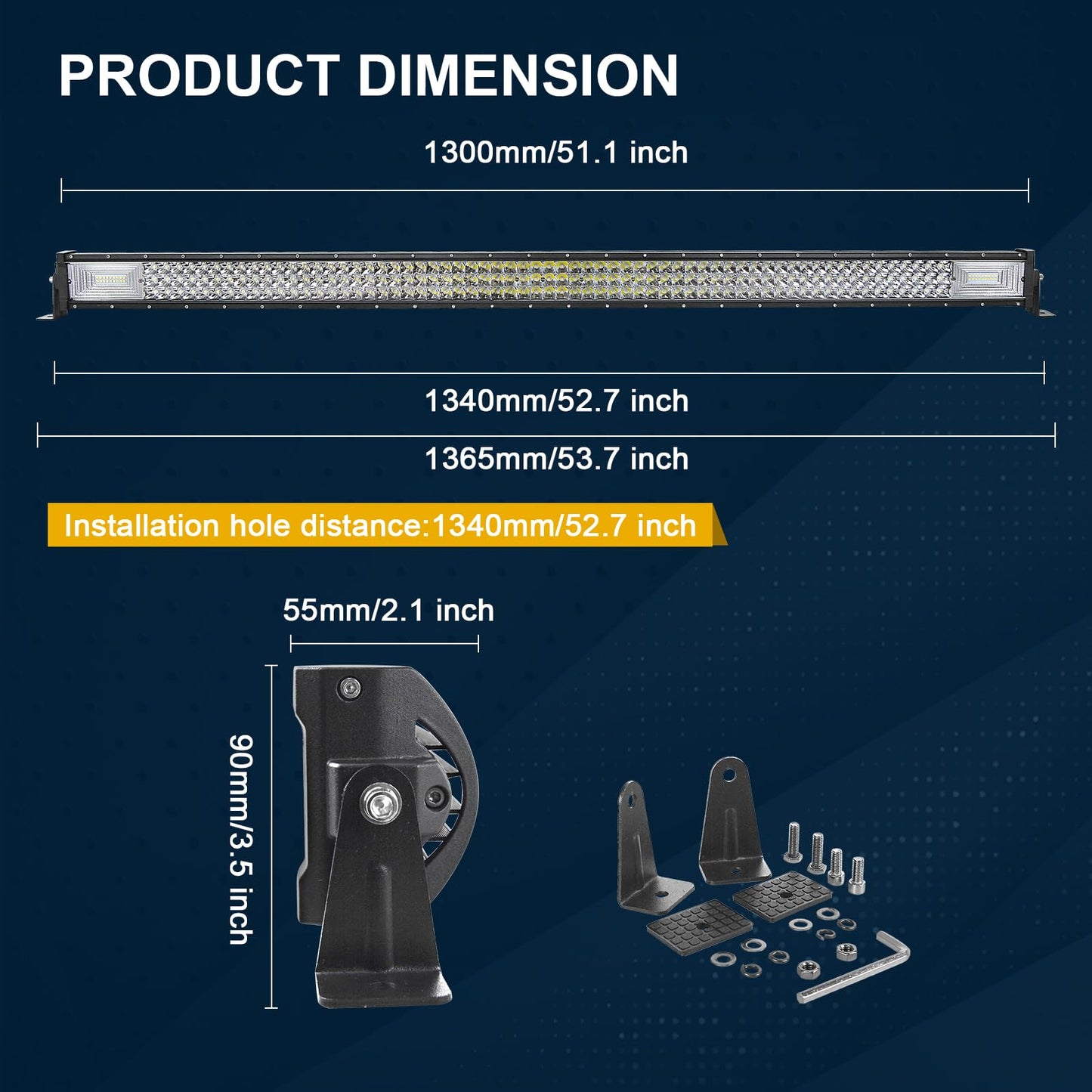 SKYWORLD 52 Inch Straight 675W Tri-Row LED Light Bar + 2PCS 4 Inch 60W Spot LED Pods - Spot/Flood Combo Beam, Off-Road Work Lighting for Trucks UTV ATV Boat,Included Wiring Harness