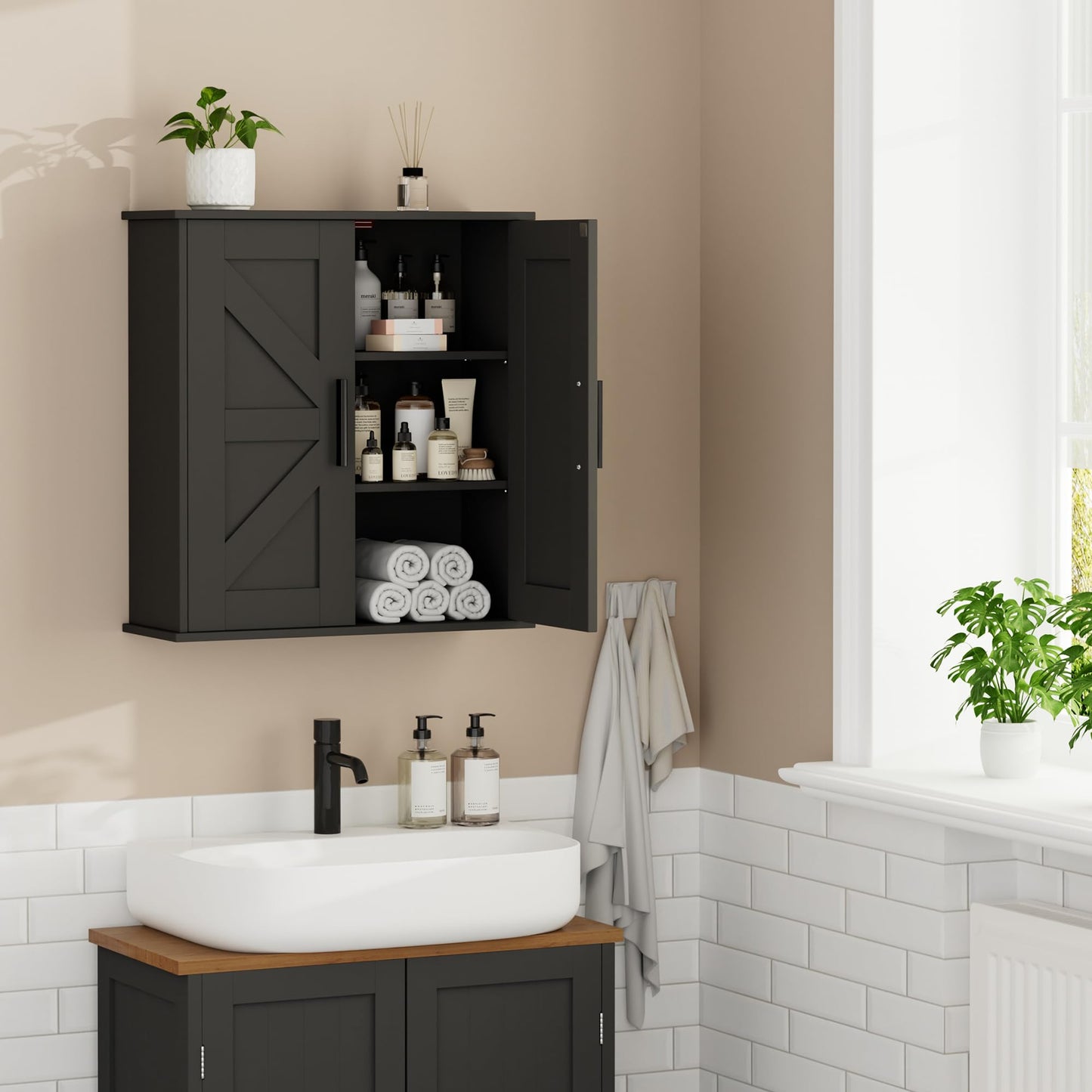 Homleke Bathroom Wall Cabinet, Over Toilet Storage Cabinet with Barn Doors and Adjustable Shelves, 3-Tier Medicine Cabinet Wall Mounted, for Bathroom, Kitchen, Entryway, Laundry Room, Black, (7.9" D)