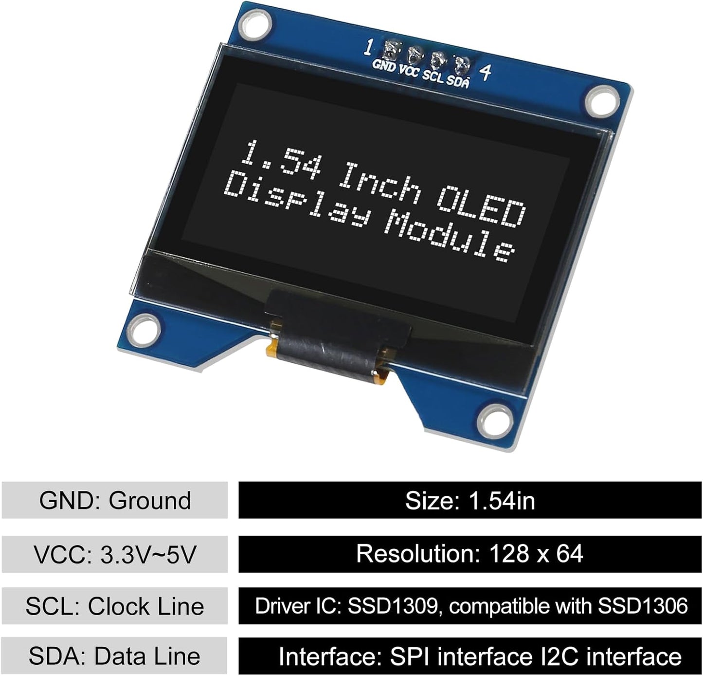 Coliao 2pcs 1.54 Inch I2C 12864 128x64 SSD1309 4 OLED IIC Display Module Pixel Driver Self-Luminous OLED Screen Board