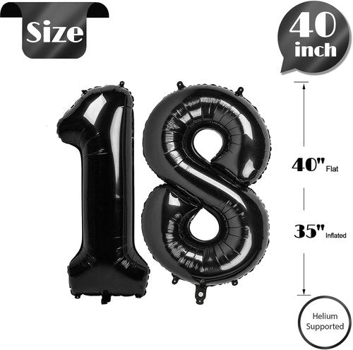 Black Number 18 Balloon - 40 Inch Giant Foil Balloon for 18th Birthday Party Decorations