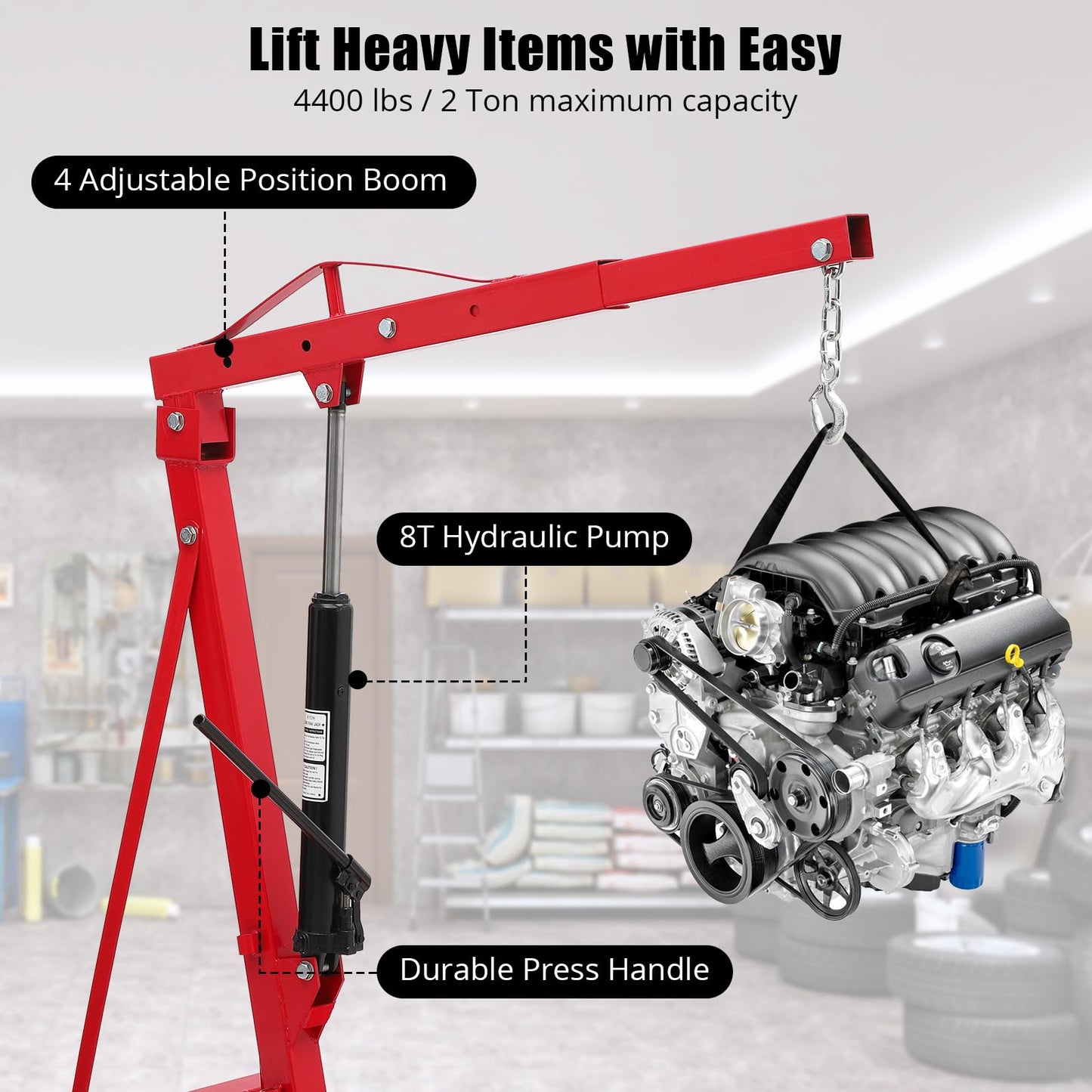PioneerWorks Engine Hoist 2 Ton, Heavy Duty Steel Hydraulic Shop Engine Crane, Folding Hydraulic Tilting Engine Lift with 360 Degree Swivel Wheels for Ports, Warehouses, Garage, Factory