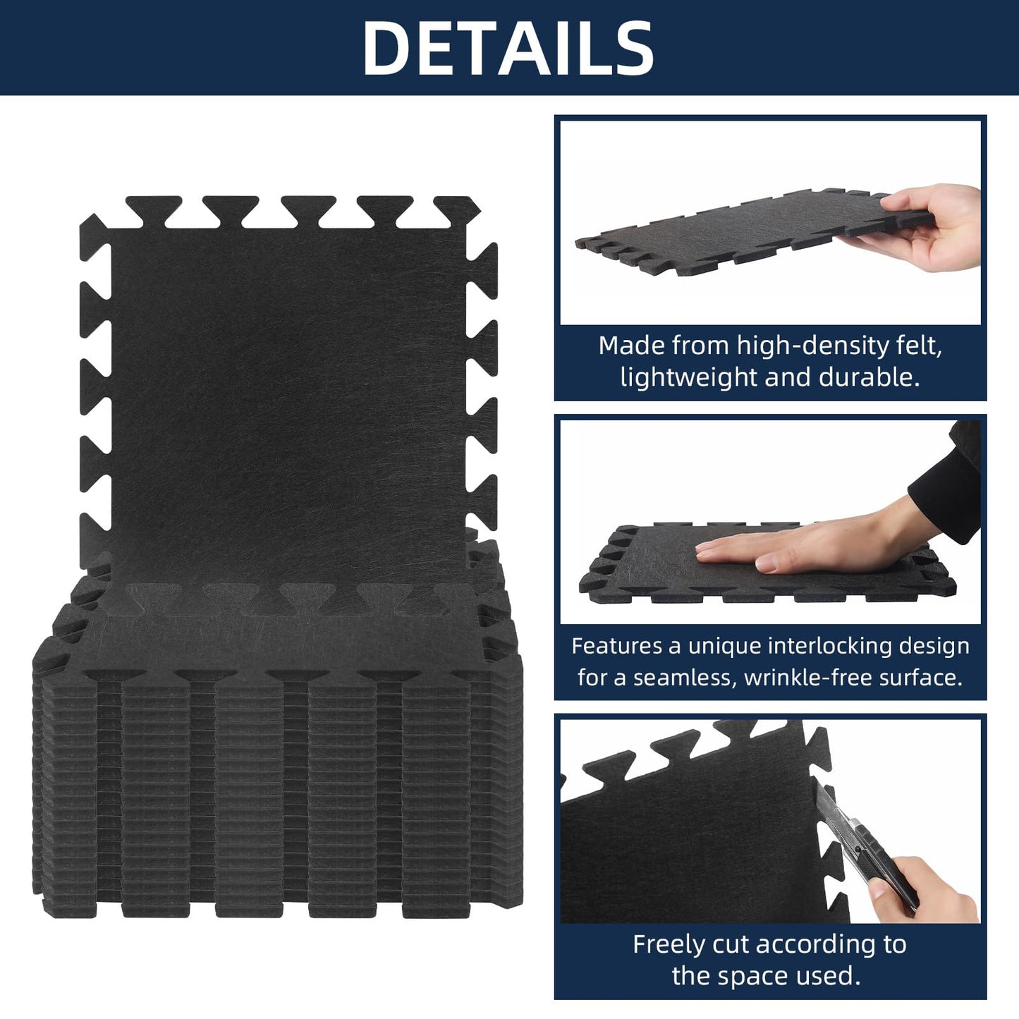 20 Pieces Sound Absorbing Interlocking Floor Mats, 11.8 x 11.8 x 0.4 inches High Density Felt Soundproof Pads Non-Slip Anti Vibration Puzzle Acoustic Blankets Piano Carpet Drum Rug, Black
