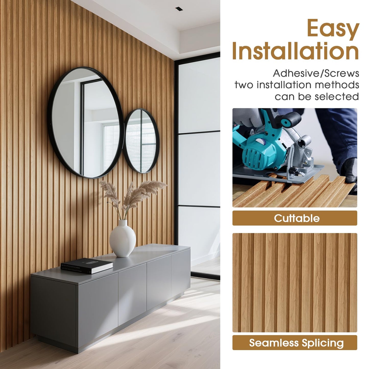 LARWORKS WPC Slat Wall Panels 8 Pack 96" x 6.6", Waterproof Fluted Wall Paneling, Accent 3D Wall Panel for Wall Decor, Bathroom, Bedroom, Office - High Grille Elm (Cover Approx.35 sq.ft)
