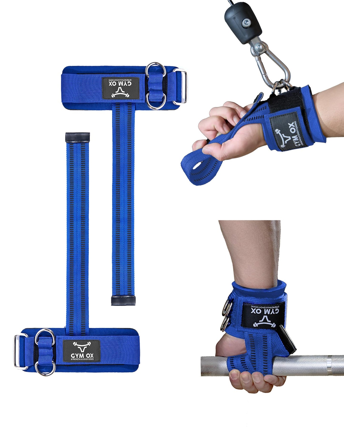 2-in-1 Weight Lifting Straps with D Ring, 7mm Neoprene Padded Wrist Support for Men & Women, Heavy Duty Gym Wrist Straps & Cable Machine Attachment for Gym, Powerlifting, Rows, Pull-ups (Blue)