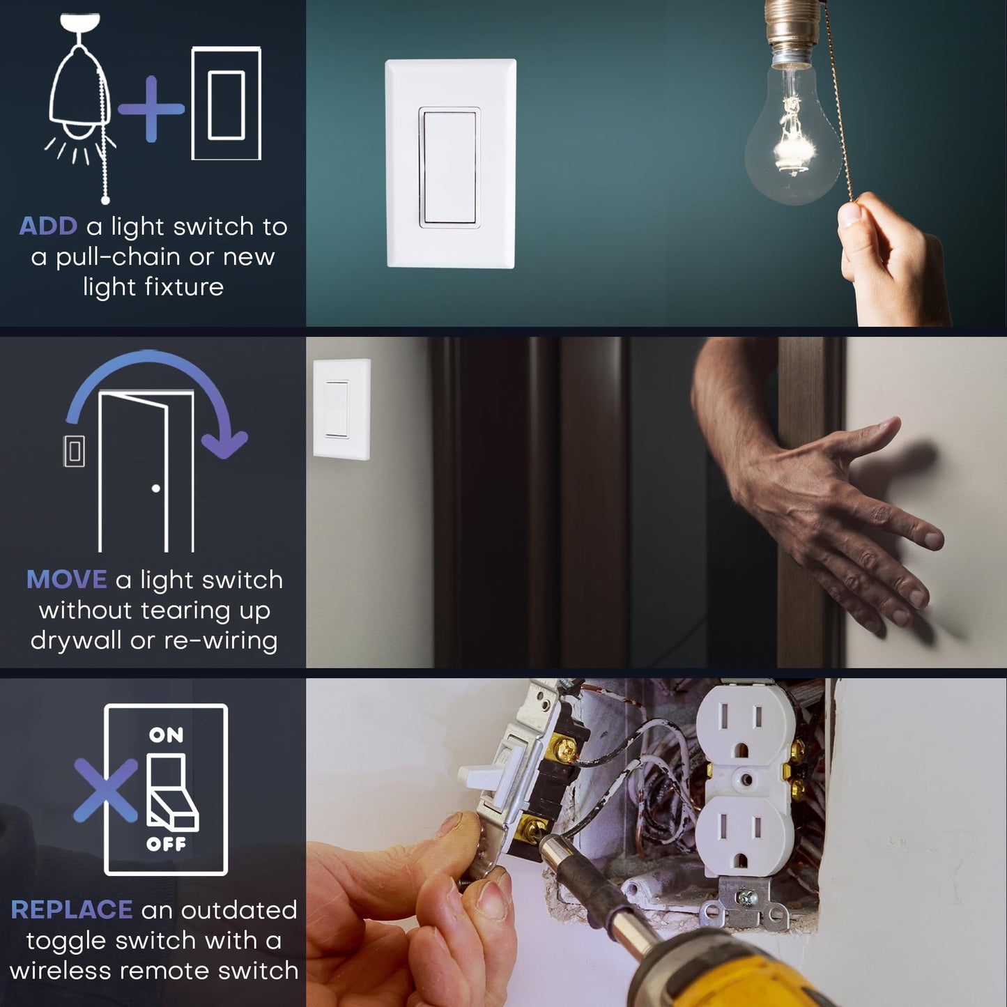 RunLessWire 3-Way Battery-Free DIY Wireless Light Switch Kit 150ft RF Range Self-Powered by Kinetic Energy for Hallways & Stairways: 2 Remote Switches Control 1 5A On/Off Receiver White