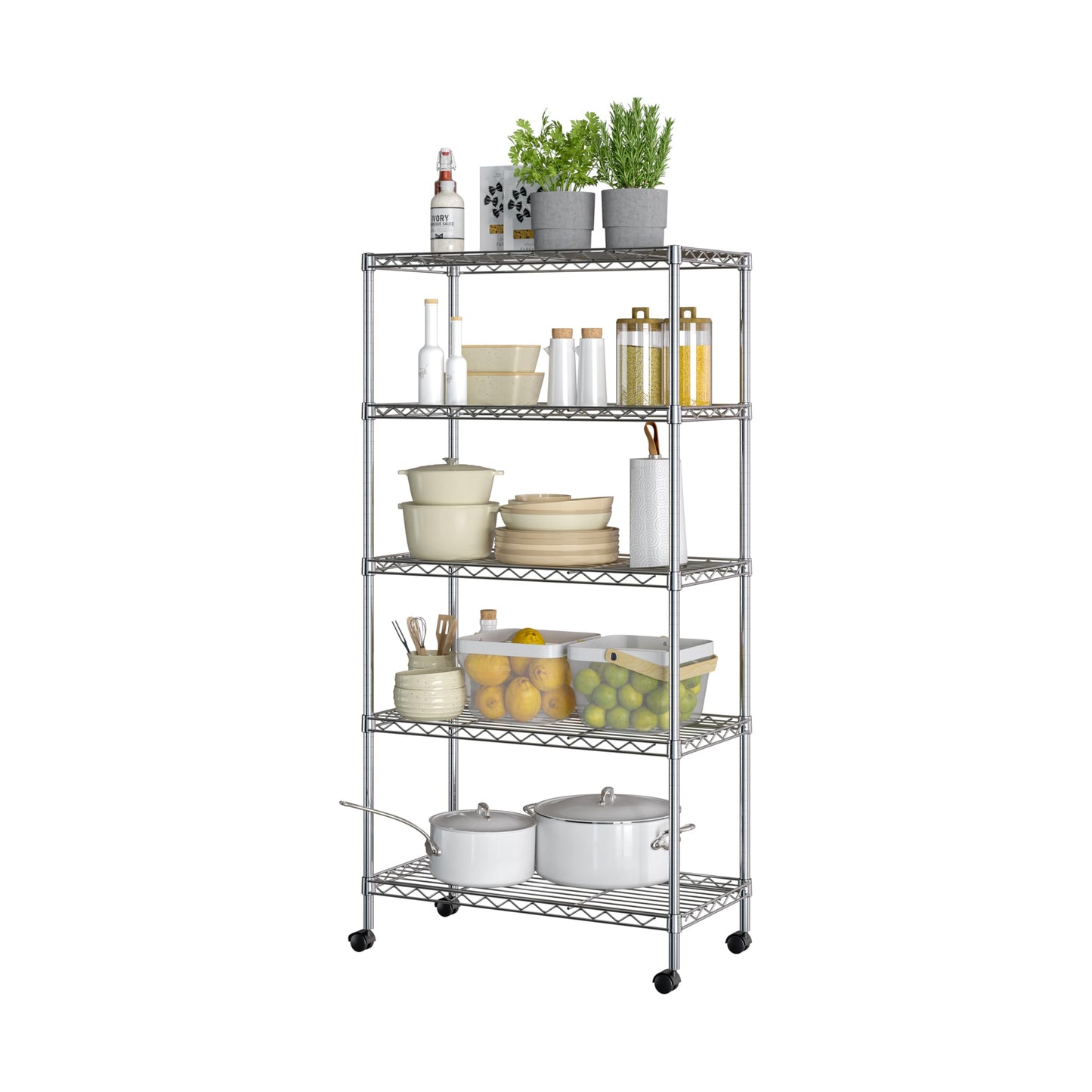 Seville Classics 5-Tier Wire Shelving with Wheels, 5-Tier, 30"" W x 14"" D (NEW MODEL), Chrome Plating, Plated Steel