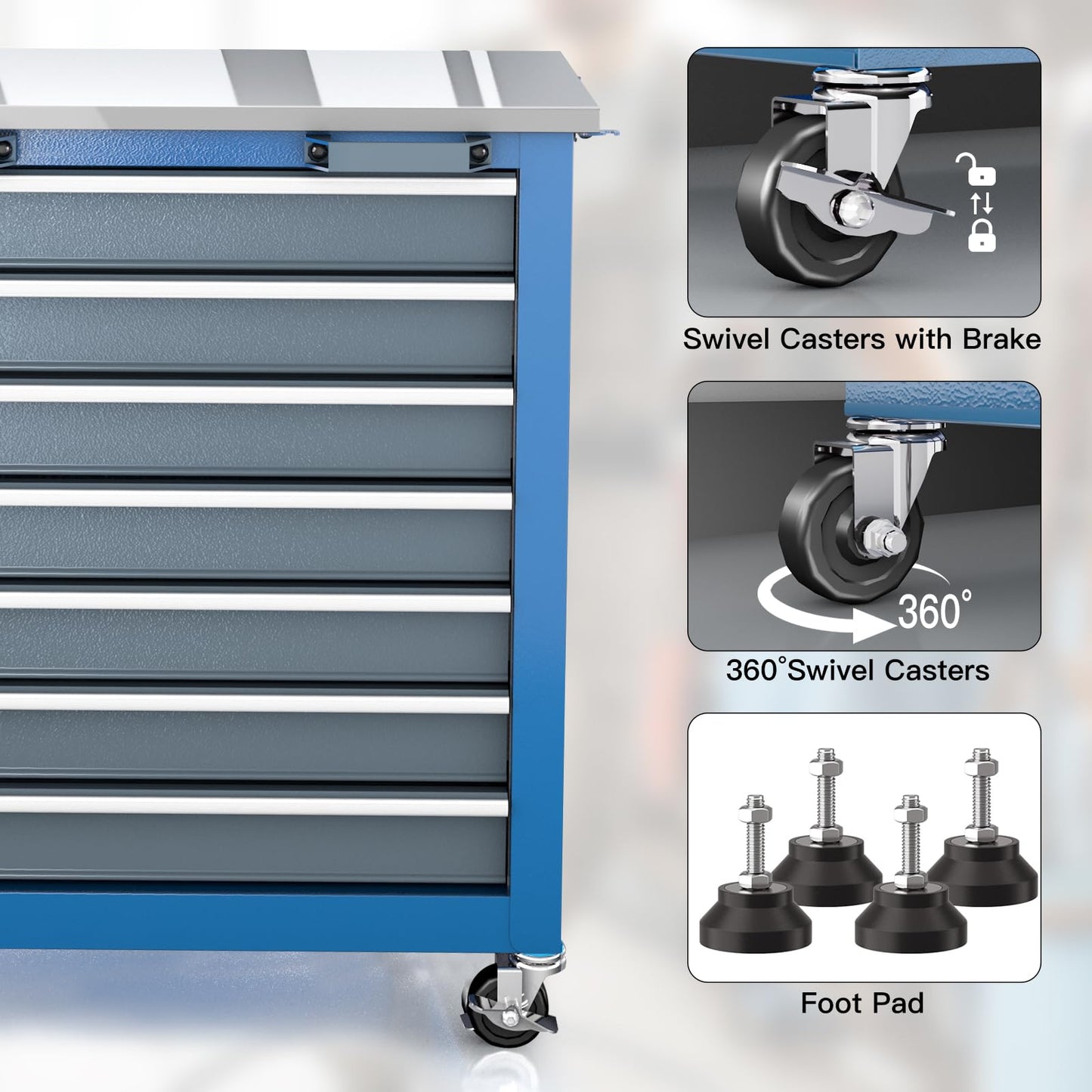 LARBANKE 7-Drawer Rolling Tool Chest with Stainless Steel Countertop,Tool Chest with Secure Locking System,Tool Cabinet with 360°Wheels and Padded Feet,for Home, Garage and Office