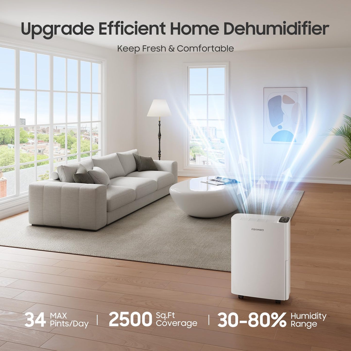 ASAHWo 2500 Sq.Ft Dehumidifier for Basement with Drain Hose Max 34 Pints, Dehumidifiers for Home, Bathroom, Bedroom, 4 Pre-Set Modes, Intelligent Humidity Control, Dry Clothes Quiet Operation