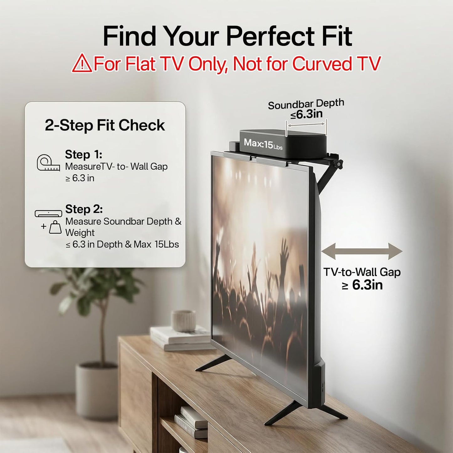 tiebutie 15 Lbs, No Drill Sound Bar Mount Top of TV Universal TV Top Shelf for Small Soundbars Up to Floating Sound Bar
