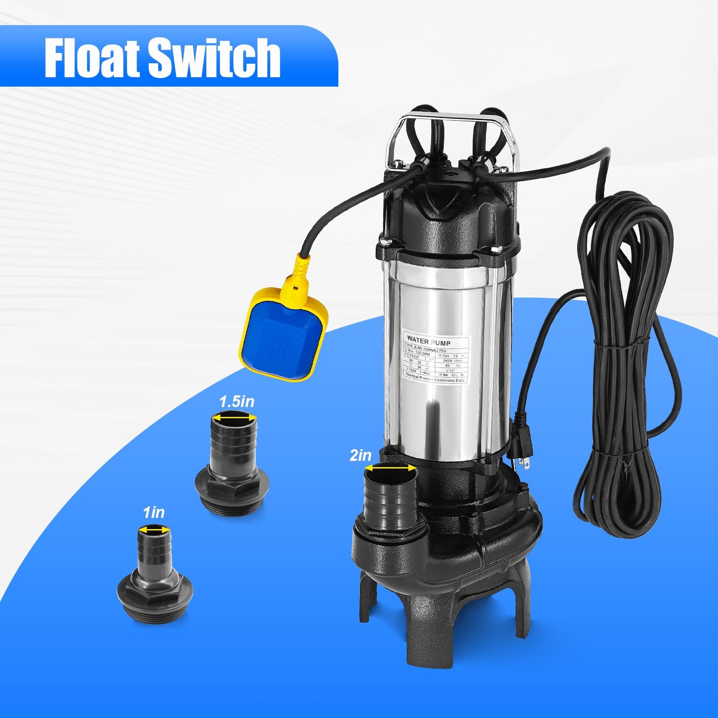 115V 1 HP 50PN2.75S 8PN Submersible Pump with Auto Float Switch 8-PN 6600GPH 110GPM Dewatering Sewage Sump Pump Stainless Steel w/ 2" 1.5" 1" Discharges 50PNA2.75S