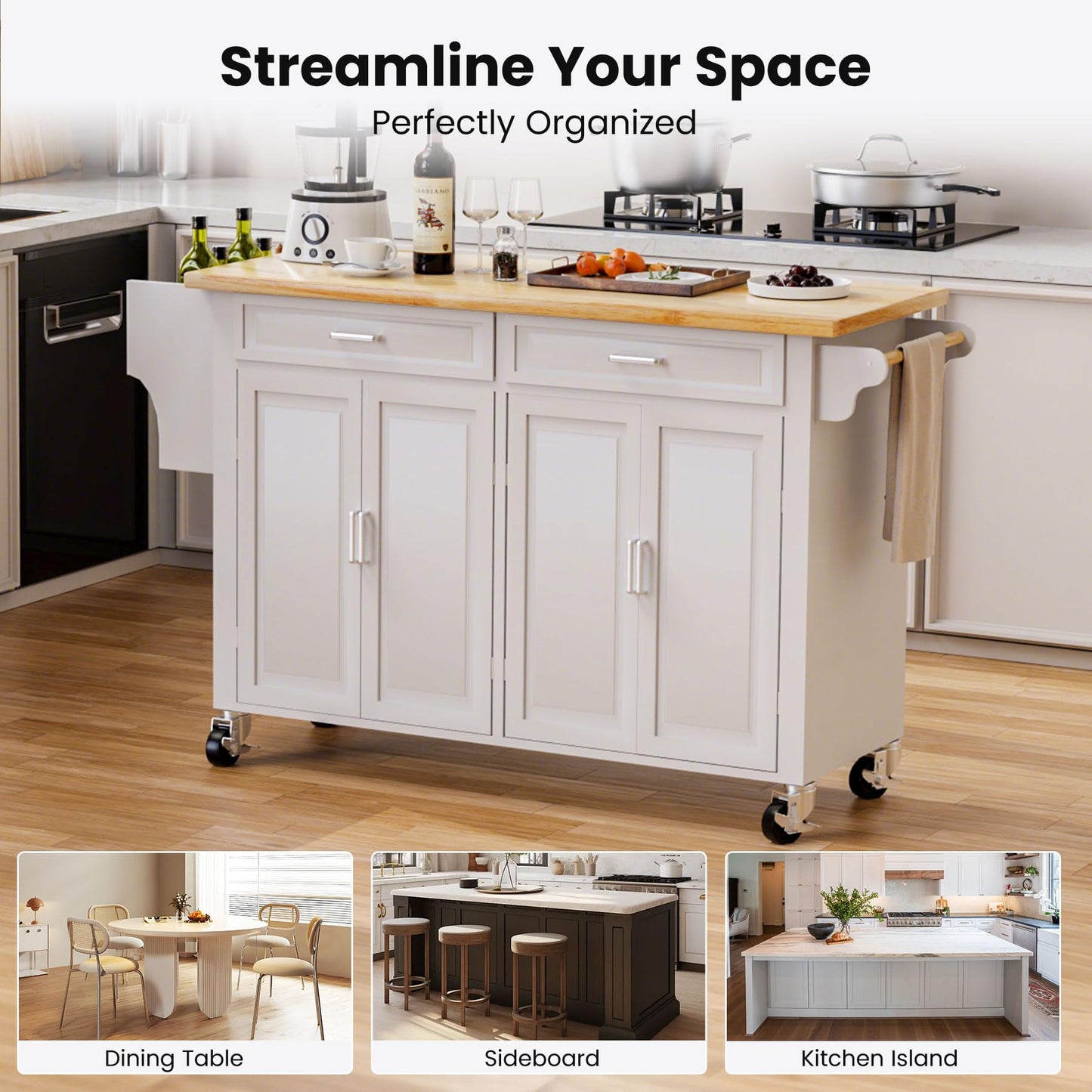 HiDSLiving Kitchen Island with Storage 54" Large Rolling Kitchen Island Cart On Wheels 2 Cabinets 2 Drawers,Spice Towl Rack Mobile Kitchen Table White (No Drop Leaf)