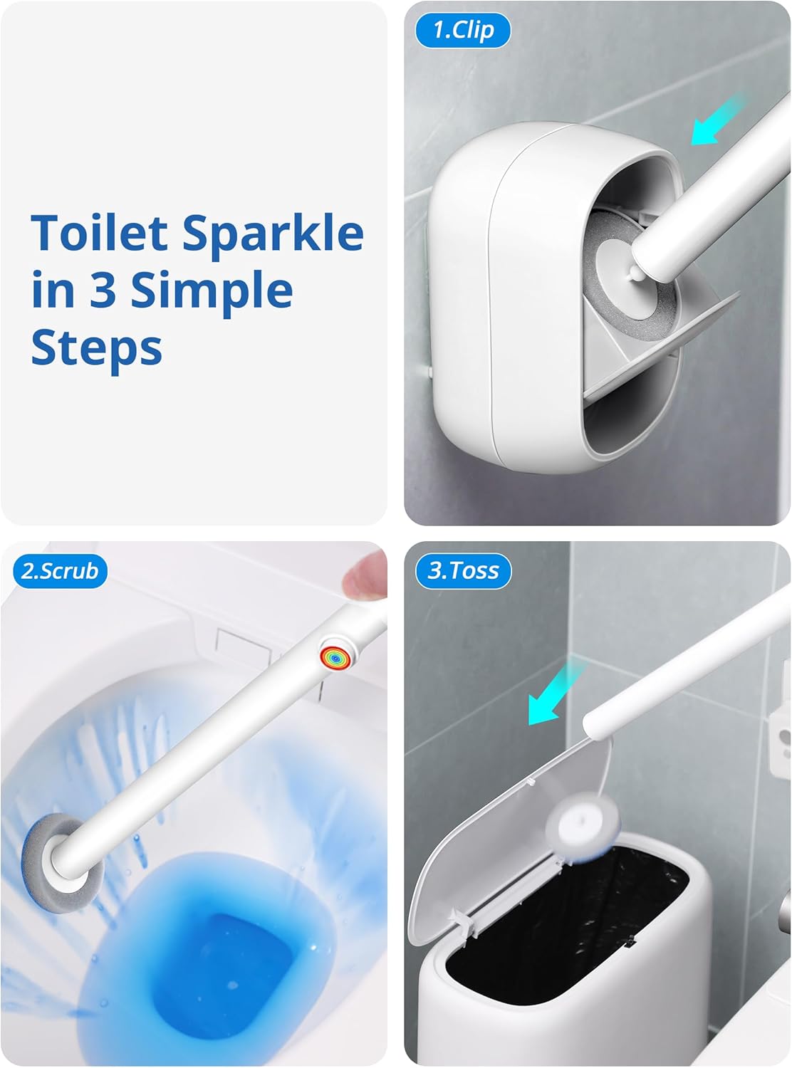 Regine Switzerland Disposable Toilet Cleaner Wand Set - Wall Mounted Brush Kit with 12 Refill Heads for Hygienic Bathroom Cleaning