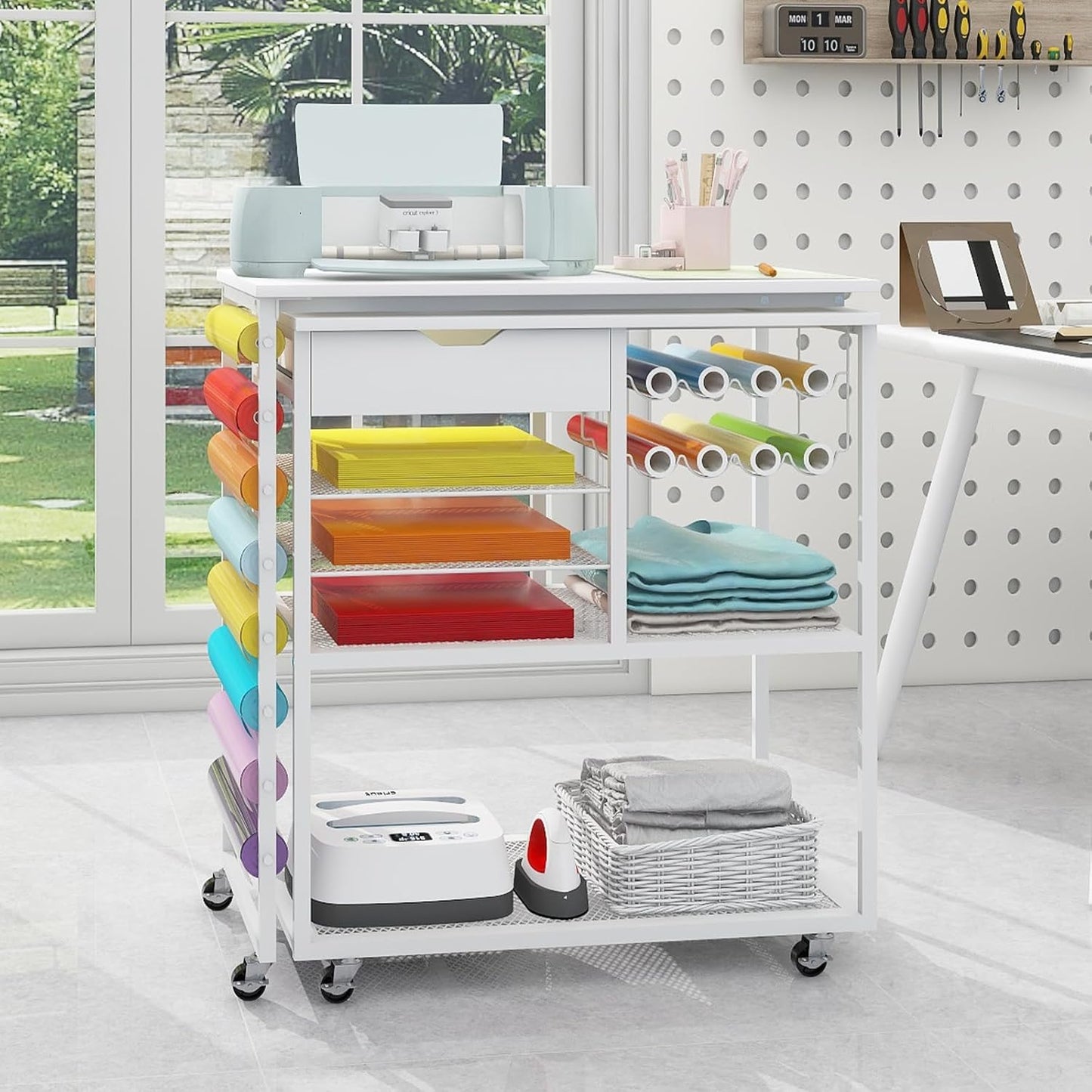 PUNCIA Heat Press Stand - 360° Rotating Craft Cart Table for Cricut | Rolling Storage & Vinyl Holder