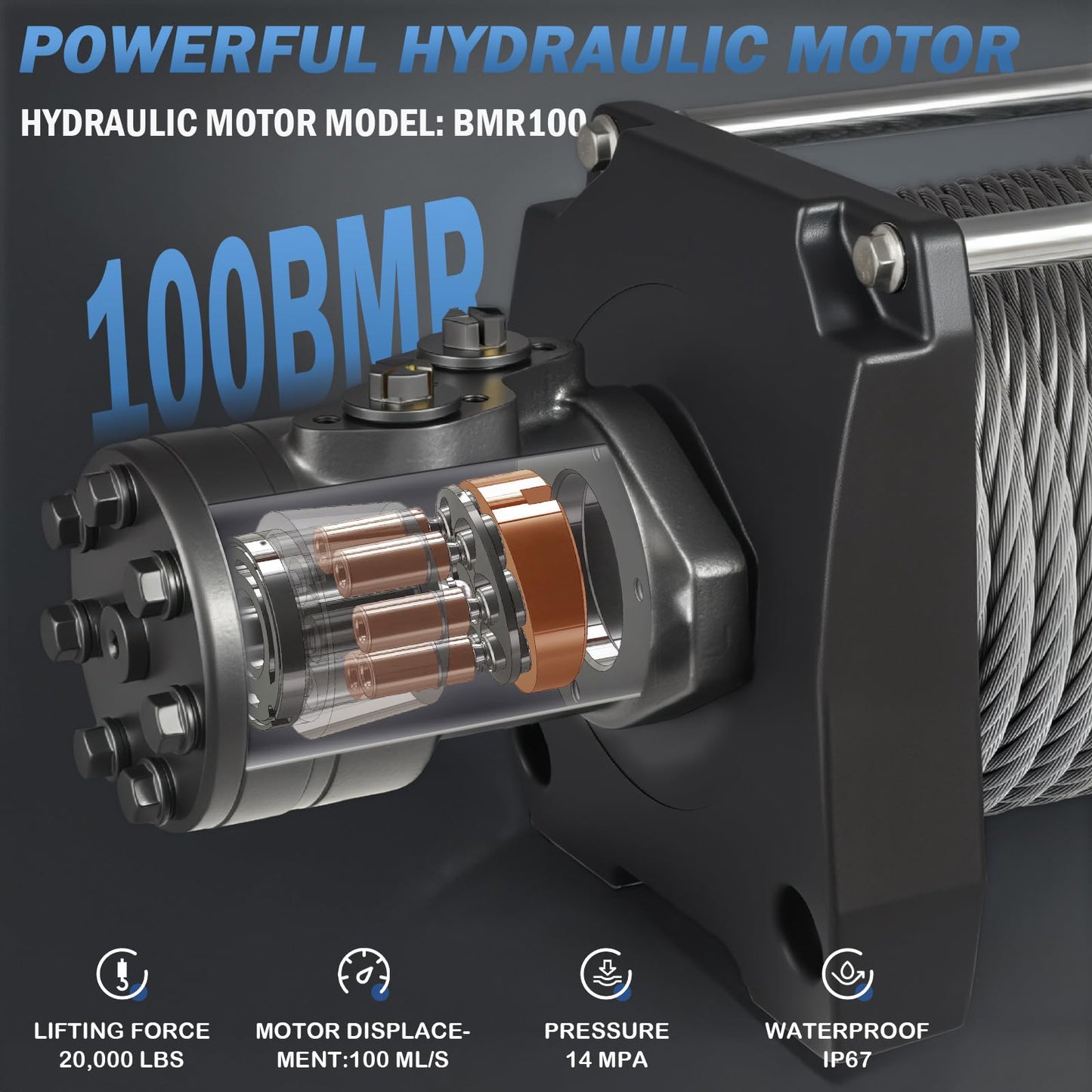 Hydraulic Winch - 1/2" x 78' Steel Cable, BMR100 Hydraulic Motor, 36:1 Gear Ratio - Suitable for Wreckers, Tow Trucks and Vehicle Recovery (78FT Steel Rope/20,000 LBS)