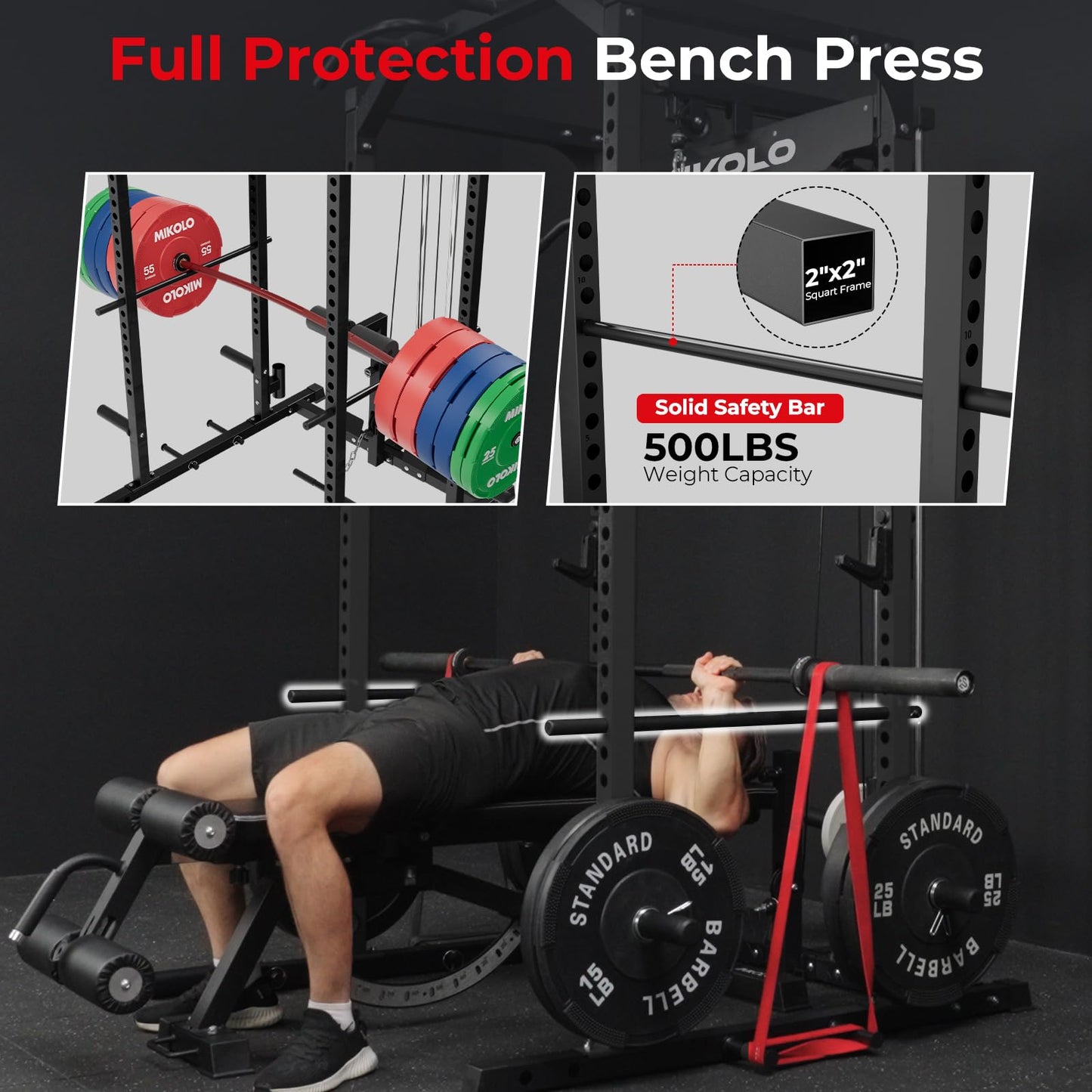 Mikolo F4 2.0 Power Cage with Dual-Track Smooth Pulley System, 1200LBS Power Rack with Leg Hold-Down for Heavy LAT Pulldowns, All-in-One Squat Rack with More Training Attachments for Home Gym (Black)