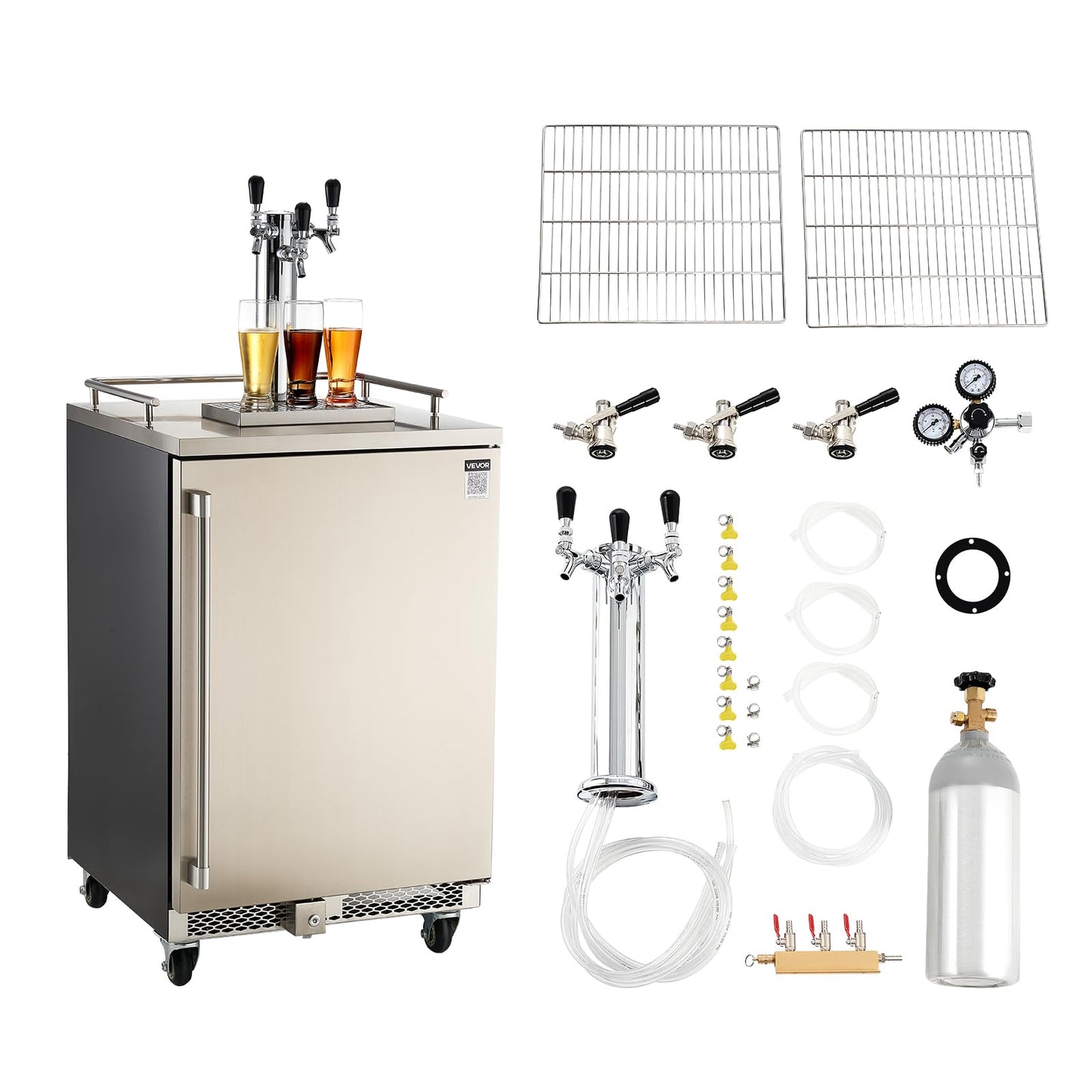 VEVOR Beer Kegerator, Triple Tap Commercial Draft Beer Dispenser for D system, Full Size Keg Refrigerator with 5lbs CO2 Tank, Hold 3 Sixth/2 Slim/3 Ball lock keg (3 taps - D system - stainless steel)