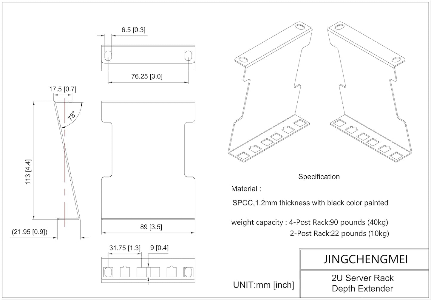 JINGCHENGMEI 2U 4-Inch (2UEXB) Server Rack Depth Extender - Deep -Recessed Rack Mount Adapter Kit for Network Rack